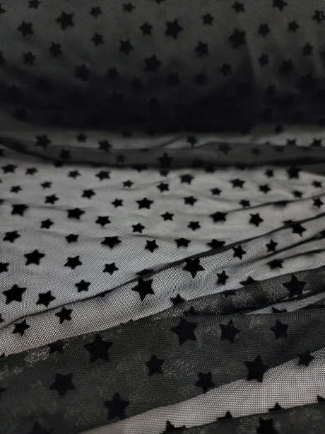 Stretch Lace Black Velvet Stars Fabric