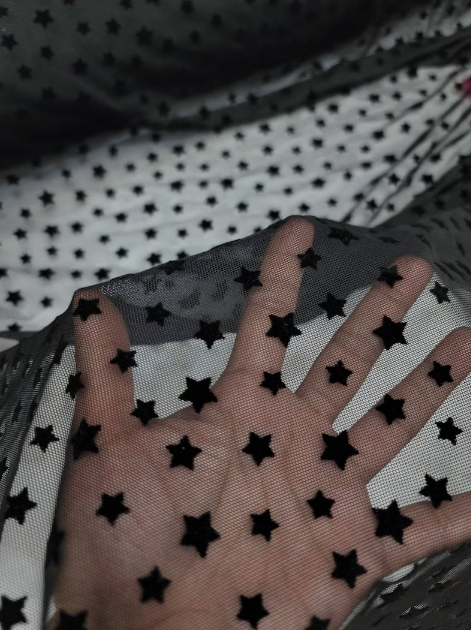Stretch Lace Black Velvet Stars Fabric