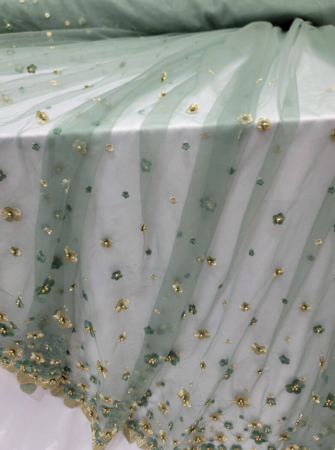 3D Gold Floral Lace Embroidery Sage