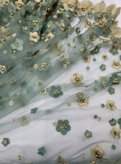 3D Gold Floral Lace Embroidery Sage