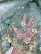 3D Gold Floral Lace Embroidery Sage