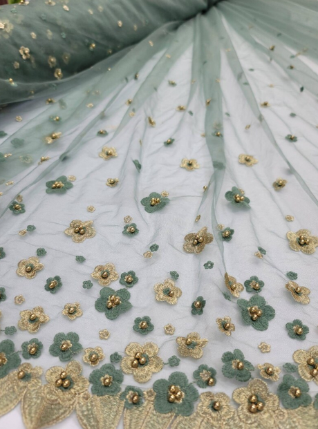 3D Gold Floral Lace Embroidery Sage