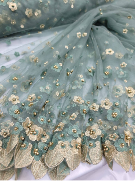 3D Gold Floral Lace Embroidery Sage