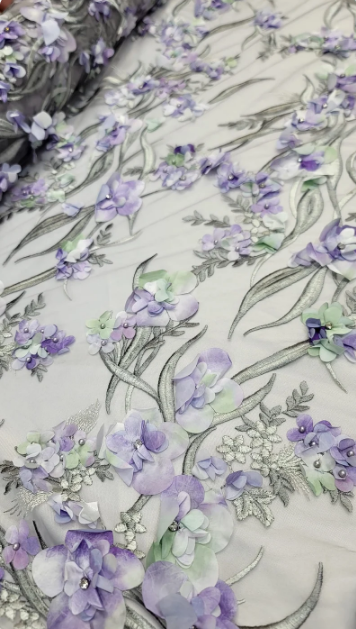 Beaded 3D Floral Lace on Mesh
