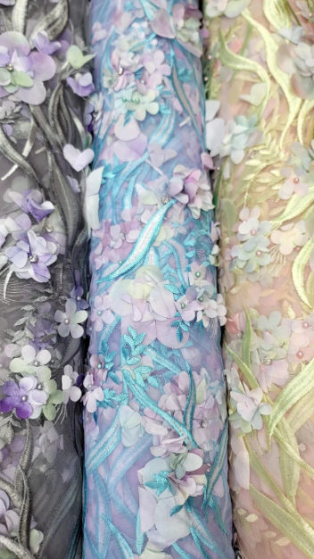 Beaded 3D Floral Lace on Mesh