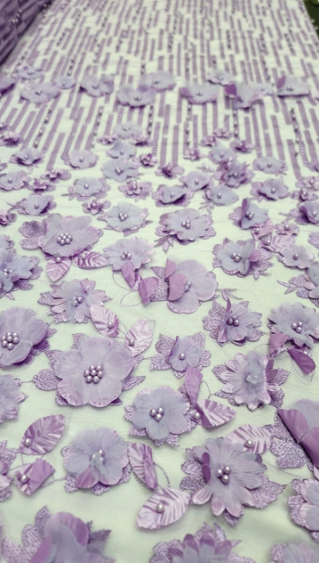 3D Floral Lavender Embroidery Pearl Mesh Lace