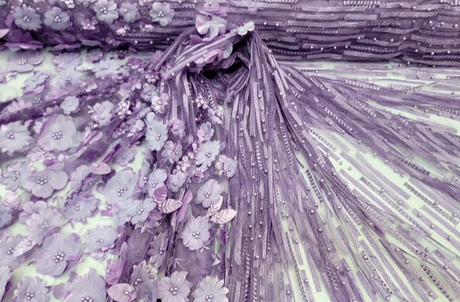 3D Floral Lavender Embroidery Pearl Mesh Lace