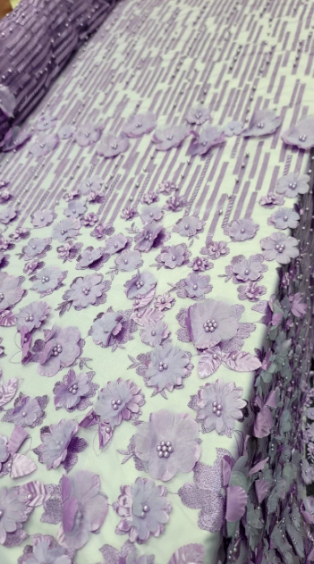3D Floral Lavender Embroidery Pearl Mesh Lace