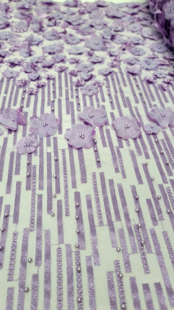 3D Floral Lavender Embroidery Pearl Mesh Lace