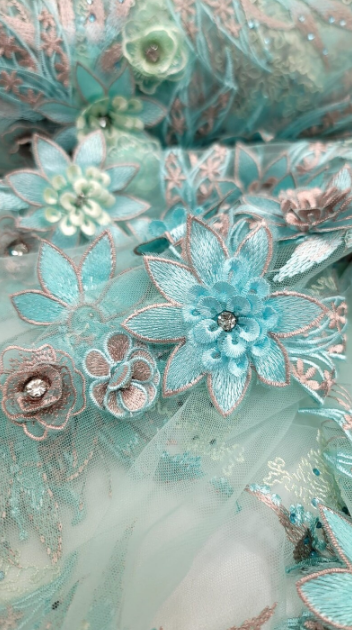 3D Floral Lace Embroidery Rhinestones Mint