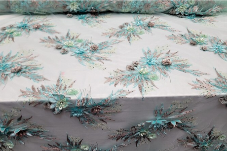 3D Floral Lace Embroidery Rhinestones Mint