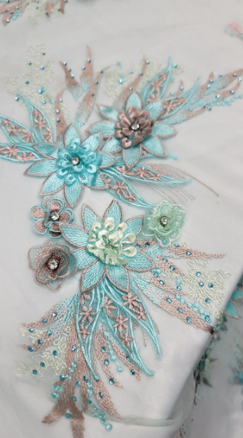 3D Floral Lace Embroidery Rhinestones Mint