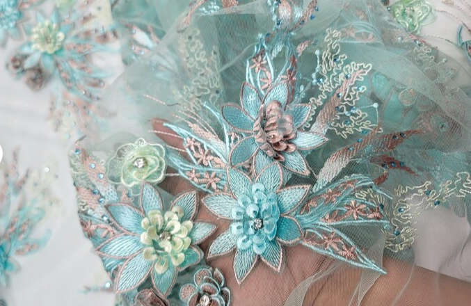 3D Floral Lace Embroidery Rhinestones Mint