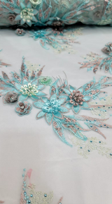 3D Floral Lace Embroidery Rhinestones Mint