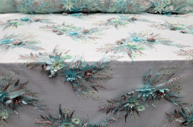 3D Floral Lace Embroidery Rhinestones Mint