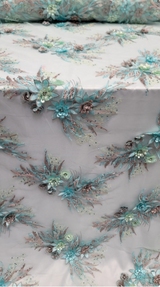 3D Floral Lace Embroidery Rhinestones Mint