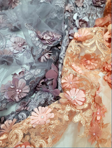 3D Floral Lace Embroidered Pearls Mesh Coral