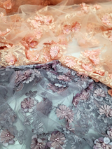 3D Floral Lace Embroidered Pearls Mesh Coral