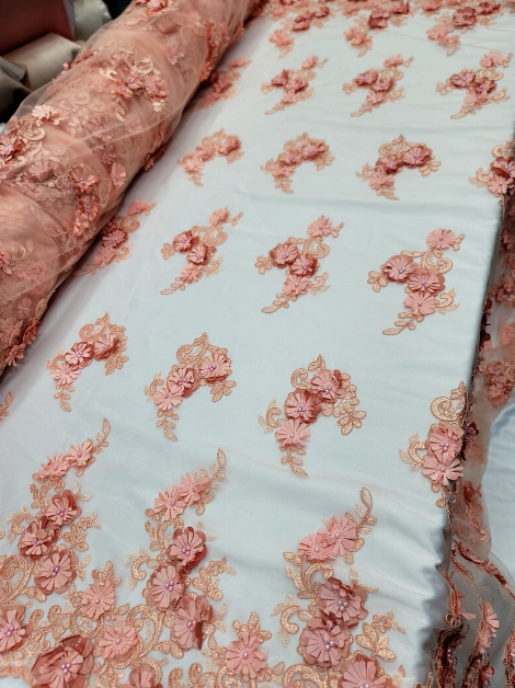3D Floral Lace Embroidered Pearls Mesh Coral