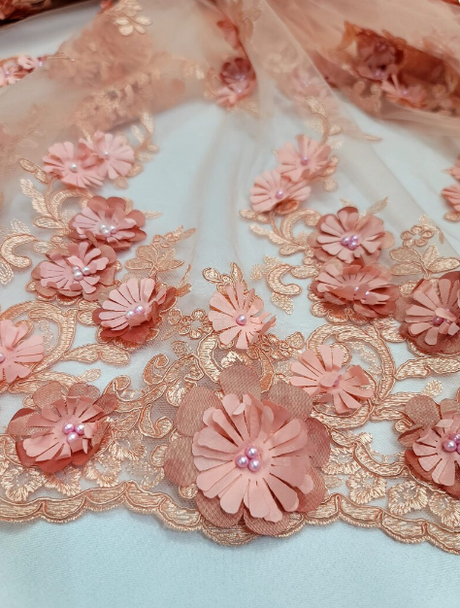 3D Floral Lace Embroidered Pearls Mesh Coral