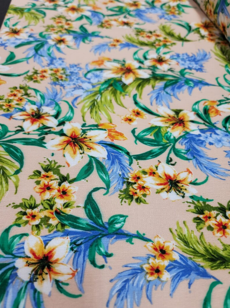 Rayon Challis Floral Print Beige