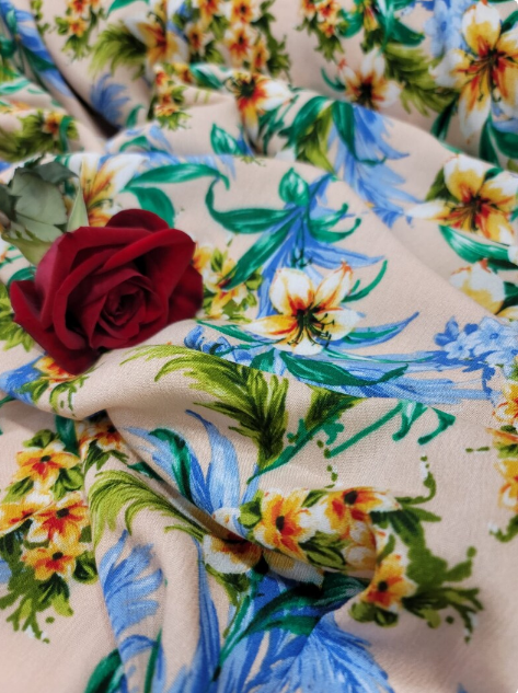 Rayon Challis Floral Print Beige