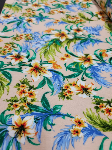 Rayon Challis Floral Print Beige