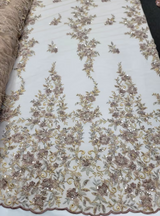 Beaded Floral Lace Fabric Gold Mauve
