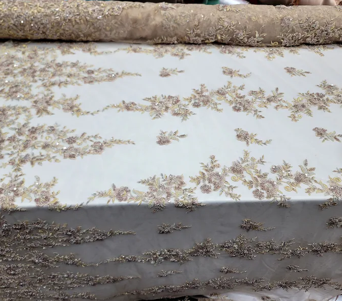 Beaded Floral Lace Fabric Gold Mauve