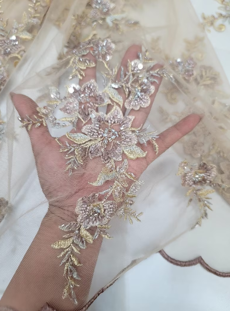 Beaded Floral Lace Fabric Gold Mauve