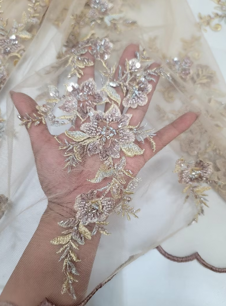 Beaded Floral Lace Fabric Gold Mauve