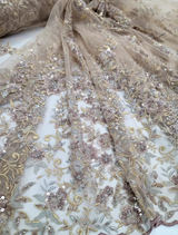 Beaded Floral Lace Fabric Gold Mauve