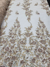 Beaded Floral Lace Fabric Gold Mauve