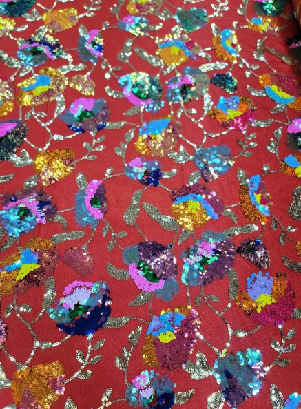 Sequin Floral Lace Embroidery on Green Mesh