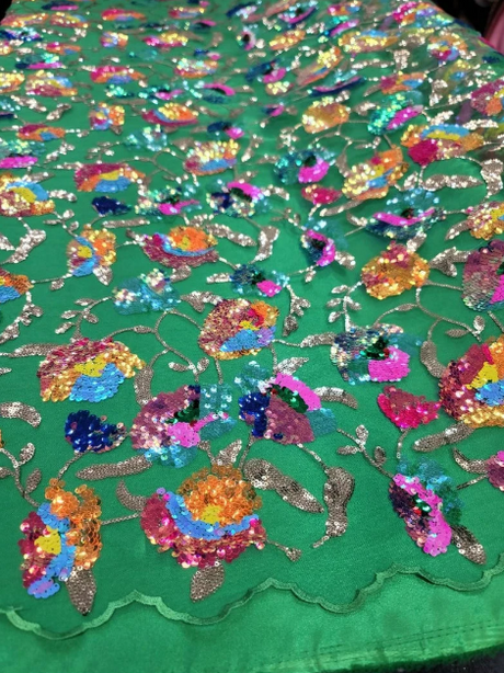 Sequin Floral Lace Embroidery on Green Mesh