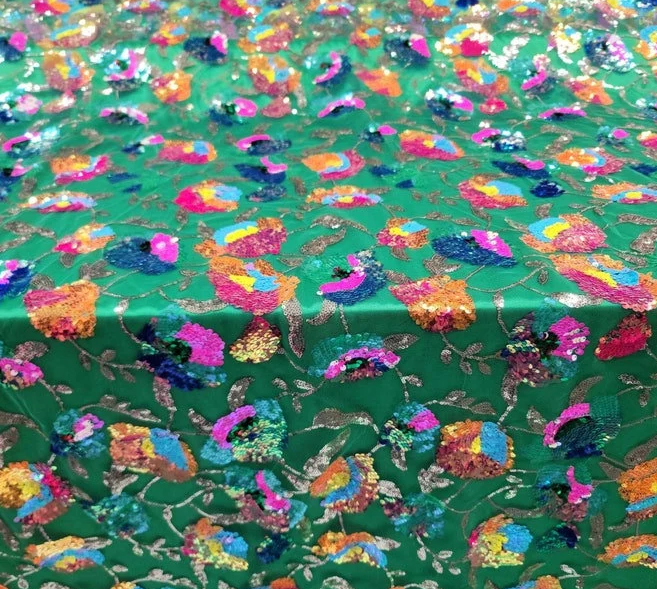Sequin Floral Lace Embroidery on Green Mesh