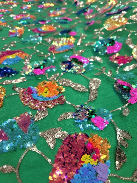 Sequin Floral Lace Embroidery on Green Mesh