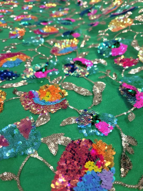 Sequin Floral Lace Embroidery on Green Mesh