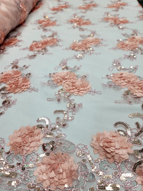 Beaded Floral Lace on Mesh Blush