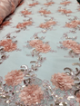 Beaded Floral Lace on Mesh Blush