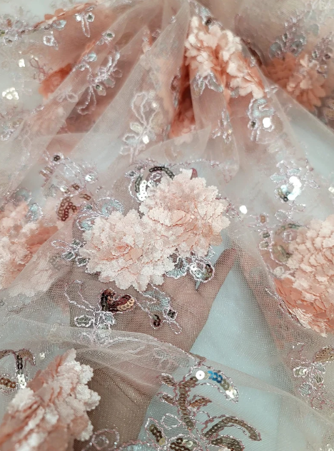 Beaded Floral Lace on Mesh Blush