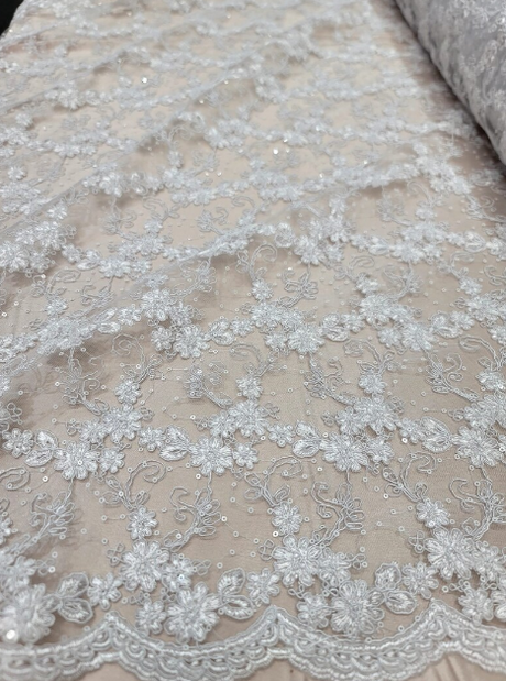 Embroidered Sequin Lace on Mesh White