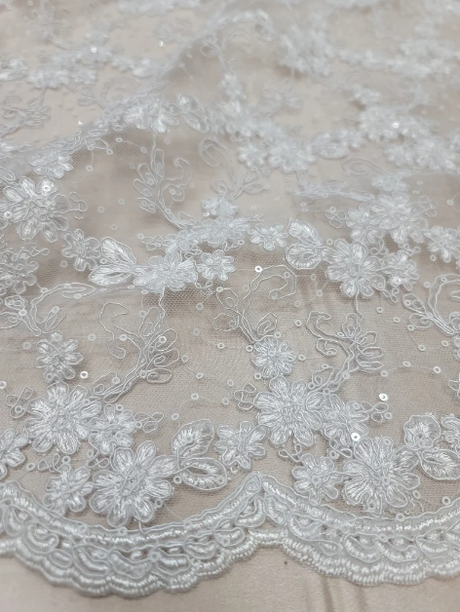 Embroidered Sequin Lace on Mesh White