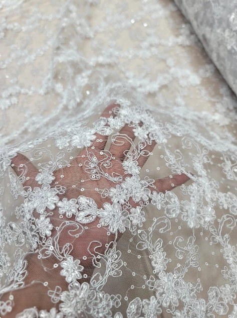 Embroidered Sequin Lace on Mesh White