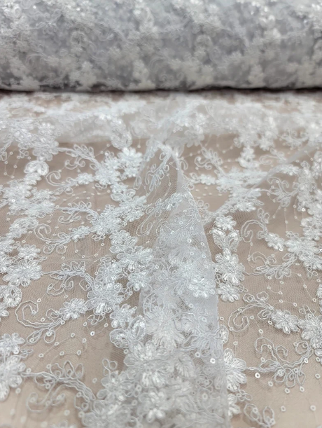 Embroidered Sequin Lace on Mesh White