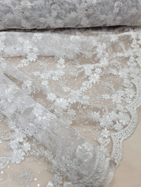 Embroidered Sequin Lace on Mesh White