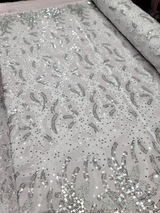 Embroidered Sequin Lace Fabric White Silver