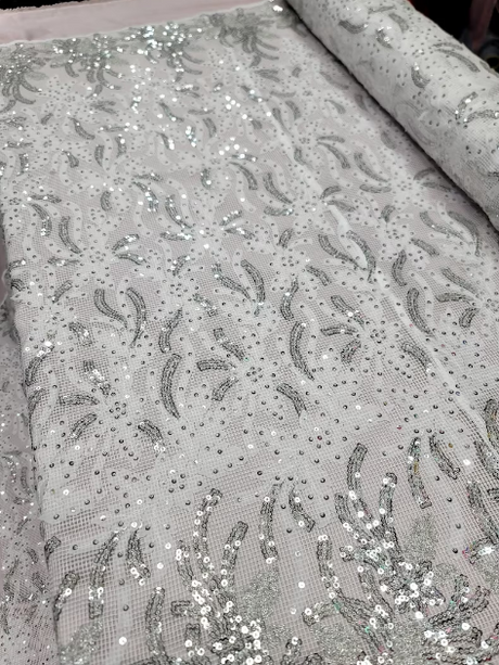Embroidered Sequin Lace Fabric White Silver