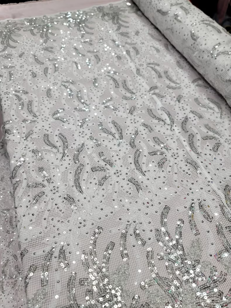 Embroidered Sequin Lace Fabric White Silver