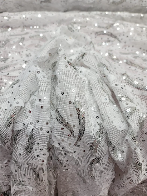 Embroidered Sequin Lace Fabric White Silver